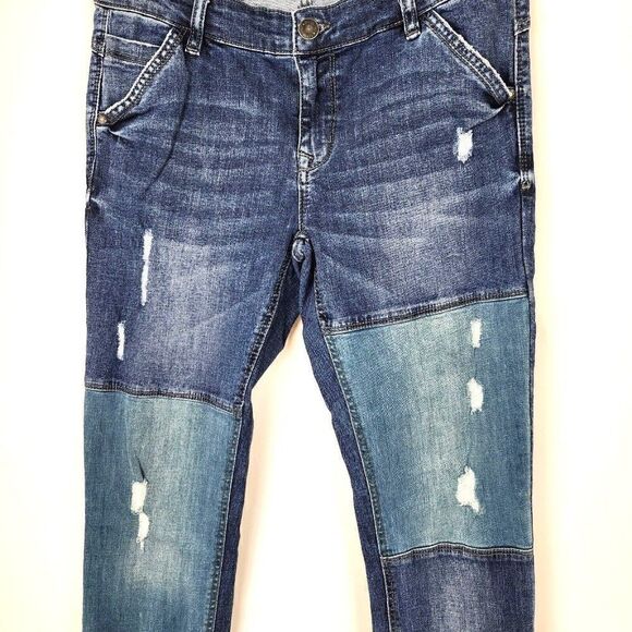 Denim 1982 Medium Wash Stretch Distressed Patchwork High Rise Skinny Jeans sz 11 - Picture 2 of 6
